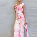 Daiiibabyyy  Sexy V-neck Backless Tie-up Bohemian Long Dress Women Elegant Sleeveless Waist Gowns Fashion Floral Printed Vacation Party Dress