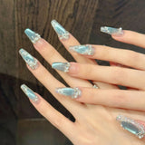 Daiiibabyyy  10pcs Blue Ice Crystal Cat's Eye Press On Nails Glitter Sequins Pearl Diamond Handmade Fake Nails Romantic French Tip False Nail