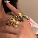 DAIIIBABYYY  -  Vintage Natural Stone Malachite Glass Multi-pendant High-grade Fringe Open Ring Women's Wedding Party Jewelry