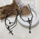 Daiiibabyyy  Multi Layer Dark Cross Leather Necklace Cross Punk Women Necklace Collarbone Chain Accessory New Jewelry Collection Gift ﻿