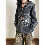 Daiiibabyyy  Grey Faux Fur Wool Double Zipper Jacket Hoodies Women's Slim Waist Hooded Vintage Y2k Coats Ropa Mujer Casual Fashion Sweatshirt