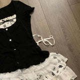 DAIIIBABYYY  -  Japanese Two Pieces Set Women Patchwork Grunge Bandage Bow T-shirt + Y2k Aesthetic Printing Mini Cake Skirts Harajuku Outfits