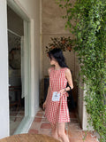 DAIIIBABYYY  -  Atmosphere Contrasting Color Checkered Lace Up Waist Cinched Sleeveless Dress