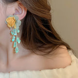 Daiiibabyyy  Minar Elegant Green Resin Miyuki Strand Contrast Color Cloth Big Flowers Long Tassel Dangle Earrings for Women Wholesale Jewelry
