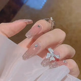 Daiiibabyyy 24pcs/box Butterfly Rhinestone Nail Art Wearable Detachable Press on Fake Nails Tips with Glue Super Shiny Fashion Finished Nail