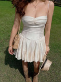 Daiiibabyyy  beige short party dress sleeveless straps sexy women dress pleated smocked back elegant summer dress ladies