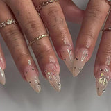Daiiibabyyy  White Glitter Powder Bowknot Long Pointed Fake Nails Art Ballet False Nail Cow Print Pearl Rhinestone Pink Almond Press on Nails