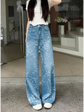 Daiiibabyyy  Women's Embroidered Floral Wide Leg Jeans High Waist Slim Fit Straight Cut Summer New Sle Thin Version Casual Denim Pants