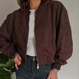 Daiiibabyyy  Women Vintage Faux Suede Bomber Jacket Ribbed Stand Collar Zip Up Long Sleeve Loose Short Casual Outerwear Autumn Coat