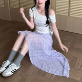Daiiibabyyy  Irregular Korean Ruffles Spliced Plaid Midi Skirts Summer Gentle A-Line Women's Clothing Fashion Asymmetrical Aura Basic Skirts