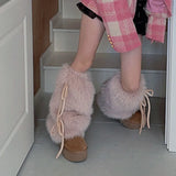 Daiiibabyyy  Punk Bow Tie Faux Rabbit Fur Leg Warmers Winter Warm Thickened Plush Leggings Socks Cold Protective Y2kBoot Cover  Socks