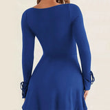 Daiiibabyyy  Autumn New Style Chic Sexy Square Neck Long Sleeve Lace-up High Waist Bodycon Solid Color Slit Mini Dress Casual Streetwear
