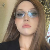Daiiibabyyy  American Retro Cat Eye Blue Sunglasses for Women Y2k Fashion Spicy Girl Concave Style Street Photography UV Resistant Sunglasses