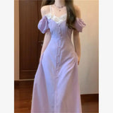 DAIIIBABYYY  -  French Gentle Splicing Lace Purple Bubble Sleeve Dress For Women Summer New Style High End Concealed Waist Elegant Long Dresses