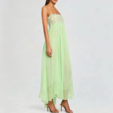 Daiiibabyyy  Elegant Lace Embroidery Splice Party Dress Lady Fashion Sleeveless Pleat Solid Long Dress Sexy Off Shoulder Silk Suspender Dress