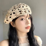 Daiiibabyyy  Hand-knitted Beret Female Japanese Hollow Out Hat Street Women Trendy Hat Literary Retro Fashionable Painter Hat