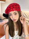 Daiiibabyyy  Red Knitted Hollow Handmade Crochet Beret Women Spring Autumn Thin Big Head Showing Face Small Versatile Painter Hat