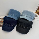 Daiiibabyyy  Fashion Cloth Rivet Denim Beret Y2k Korean Style Rivet Flat Top Washed Denim Fashion Retro Painter Hat Outdoor