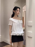 DAIIIBABYYY  -  2025 Korean Chic Summer New Style Romantic Texture Temperament Off Shoulder Ruffle Edge Short Sleeved Shirt Top