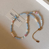Daiiibabyyy  Fresh Blue Seed Beads Pearl Stone Clavicle Chain Dopamine Beaded Necklace For Women and Girls Holiday Daily Jewelry