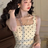 DAIIIBABYYY  -  Elegant French First Love Gentle Style Kikyo Square Neck Polka Dot Dress Retro Style Slimming Strap Dresses
