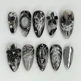 Daiiibabyyy  24Pcs French White Gradient Almond Press on Nails Flower Pattern False Nails with 3D Rhinestone Design Fake Nail Art