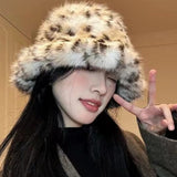 Daiiibabyyy  Korean Style Leopard Print Fuzzy Bucket Hats Warm Thickened Plush Winter Fisherman Hat Adult Unisex Animal Pattern Caps Headwear