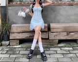 Daiiibabyyy  Hotsweet Blue Plaid Square Collar Mini Dress Women's Clothing Short Sleeve Summer Fashion Lace Spliced Drawstring A-Line Dresses