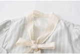 DAIIIBABYYY  -  Sweet Girl Lace Spliced Bow Vertical Striped Short-sleeevd Shirts + Summer High Waist Fungus Edged Short Skirts Two-piece Set