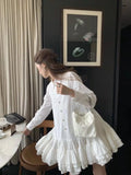 Daiiibabyyy  Autumn New White  Big Skirt Three-dimensional Waist Bottom Long Sleeve Shirt Dress  dresses for women