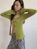 DAIIIBABYYY  -  Elegant Women's T-shirt Long Sleeve Korean Fashion Streetwear Button Slim Spring V-neck Autumn Tops Chic Tees Female Y2k