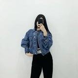 Daiiibabyyy  Women Cropped Denim Jacket Loose Oversized Balloon Sleeve Lapel Jean Coat Casual Daily Outerwear