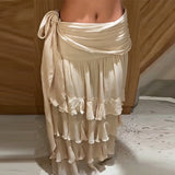 Daiiibabyyy  Women's Fashion Tiered Ruffle Maxi Skirt Cozy High Waist Wrap Tie Chiffon Long Skirt With Side Slit Beach Vacation Clothing