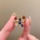 Daiiibabyyy  Retro Colored Seven Chakra Beads Tiger Eye Stone Planet Ring Women Girls Personalized Index Finger Ring Jewelry