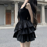 Daiiibabyyy  French Style Sweet Ball Gown Aura Slip Dresses Summer Solid Color Female Clothing Fashionable Drawstring Bow Waist Mini Dress