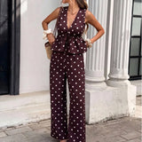 Daiiibabyyy  Women Casual Sleeveless Hight Waist Long Pant Sets Retro Polka Dot Summer Outfits Sexy Deep V-neck Tops & Wide Legger Pant Suit