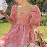 DAIIIBABYYY  -  Pure Desire Sweet and Fresh Summer Lolita Spliced Slash Neck Printing Folds Slim Fashion Elegance Casual Puff Sleeve Dresses