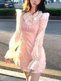 Daiiibabyyy  Y2k Sweet Elegant Fashion Pink 2 Piece Sets Women Design White Lace Tops + Slim Cute Dress Japanese Chic Korean Popular Clothes