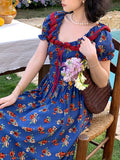 Daiiibabyyy  women's blue bubble sleeve floral dress women's summer sweet pinched waist floral  long dress