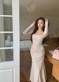 Daiiibabyyy  French Vintage Women Beige Elegant Square Neck Fishtail Evening Party Dresses Autumn Long Sleeve Vacation Pleated Wrap Hip Dress