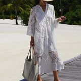 DAIIIBABYYY  -  Summer Casual 3/4 Sleeve Solid Maxi Dress Spring Elegant V-neck Loose Long Dress 2025 Women's Sexy Lace Embroidered Party Dress