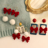 DAIIIBABYYY  -  New Romantic Winter Red Velvet Flocking Bow-knot Earrings Korean Fashion White Furry Ball Multi-style Dangle Earring Jewelry