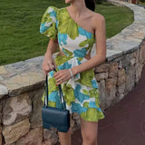 Daiiibabyyy  Sexy Slanted Shoulder Short Sleeve Bohe Dress Women Fashion Floral Print Hollow Mini Dress Elegant Hight Waist Slim A-Line Dress