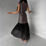 Daiiibabyyy  O-neck Sparkly Sequins Party Long Dress Women's Fashion Patchwork Waist Slim Maxi Dress Casual Sleeveless Birthday Evening Gowns