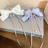 Daiiibabyyy Elegant Bow Ribbon Hairpin for Women Long Tassels Fashions Pearl Bowknot ponytail clip Retro Headband Girls Hair Accessories