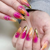 Daiiibabyyy  24Pcs Yellow Pink Gradient Fake Nails 3D Irregular Gilded French False Nails Press on Mid-length Almond Reusable Manicure Tips