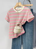 Daiiibabyyy  Summer Fre Sle Women's Striped ort Sve T-irt Korean Version Regular Cotton Comfortable oulder Length Top