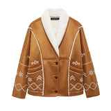 DAIIIBABYYY  -  Winter Lamb Wool Embroidery Women Coat Long Sleeve V-neck Single Breasted Female Jacket 2024 Autumn Winter Overcoat Lady Coats