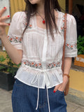 DAIIIBABYYY  -  Korean Chic Summer French Ethnic Embroidery Flower Pleat Drawstring Waist Cinching Slim Versatile Short Sleeved Shirt