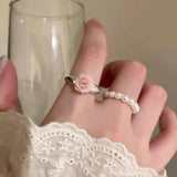Daiiibabyyy  Romantic Pearl Rose Flower Finger Rings for Women Girls 3D Pink Rose Ring Elegance Aesthetic Jewelry Temperament Accessories